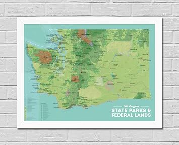 Washington State Parks & Federal Lands 18x24 Poster Green & Aqua | White Frame