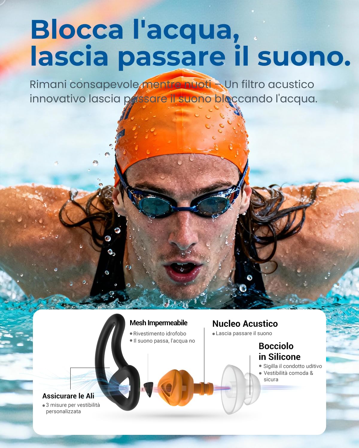 Hearprotek Tappi per orecchie da nuoto, 2 paia silicone riutilizzabile acqua tappi orecchie piscina-Impermeabili per nuotare Bagno Doccia surf (Arancione)