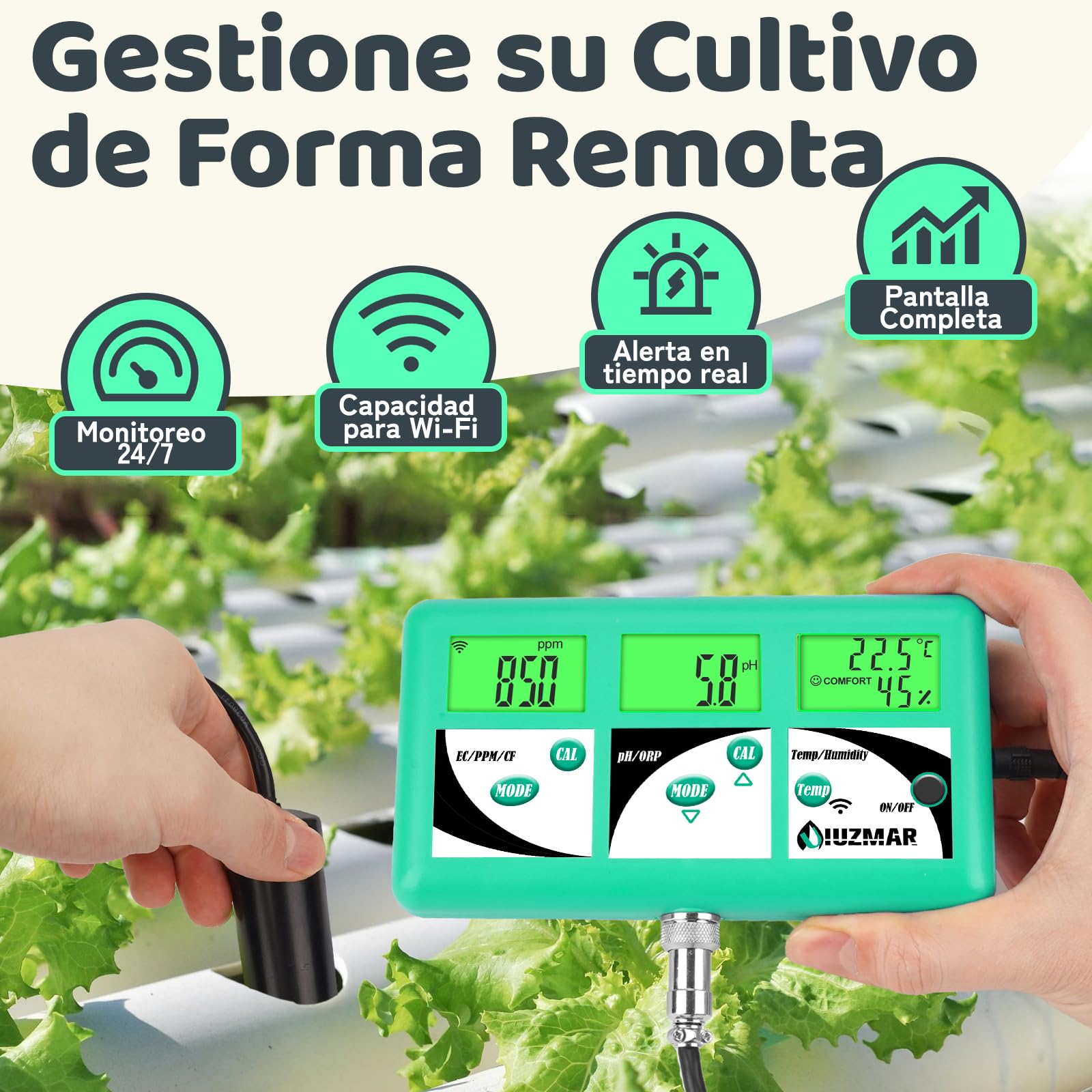 UIUZMAR Monitor de pH EC TDS Hidroponía, WiFi Controla el pH EC PPM 500 PPM 700 CF Temp y Humedad del Aire de Solución Nutritiva Hidropónica, 7 en 1 Probador de Conductividad y pH