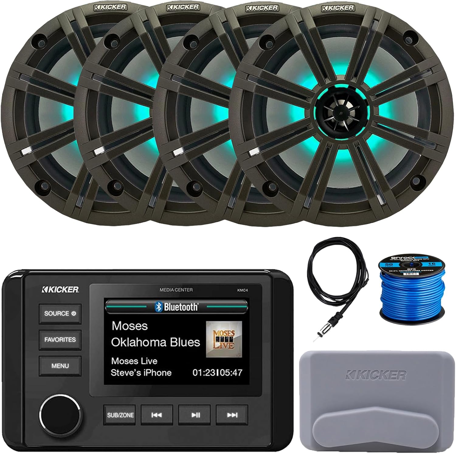 Kicker 51KMC4 3" LCD Marine Bluetooth Weather-Resistant Gauge-Style AM/FM WB/USB/AUX Media Center Receiver, 4X 8 300W Max Power RGB LED Boat Speakers W/Charcoal Grilles, Radio Antenna, Speaker Wire