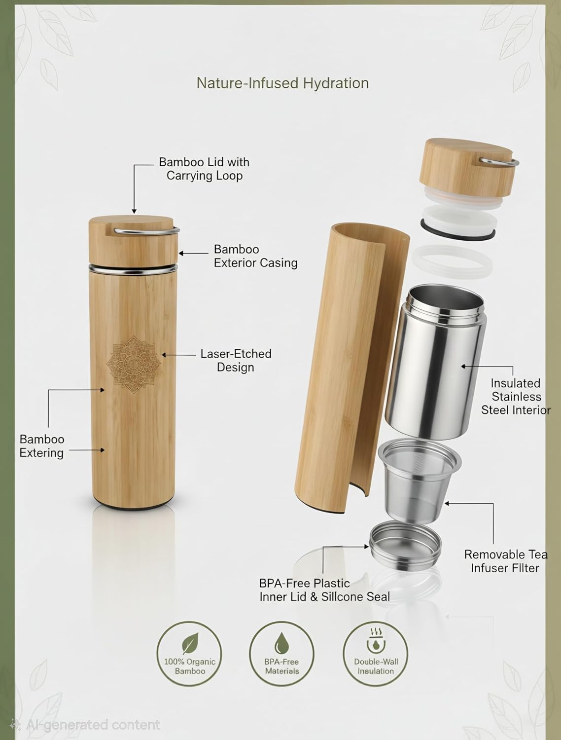 Eco-Friendly Bamboo Tea Tumbler, with Infuser & Strainer | 20oz Vacuum Insulated Stainless Steel Travel Mug | Leak-Proof Zen Mandala Design | Premium Gift for Tea & Coffee Lovers image 4