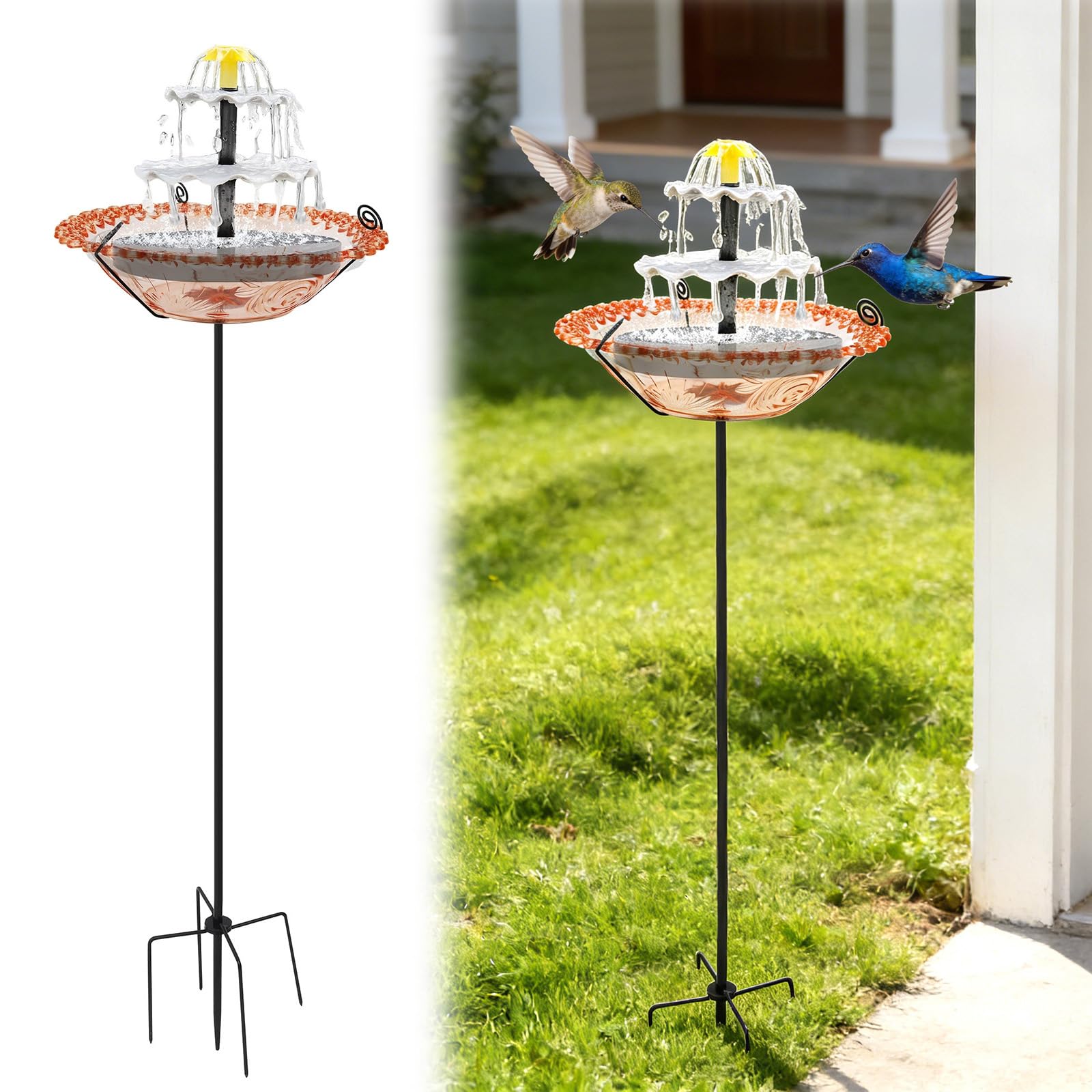 Solar Fountain Bird Bath for Outside, 31In Standing Birdbath with Metal Stake Stand, Flower Bowl Solar Bird Feeder Stake for Outdoor Water Fountain Decor for Garden, Patio, Yard & Lawn