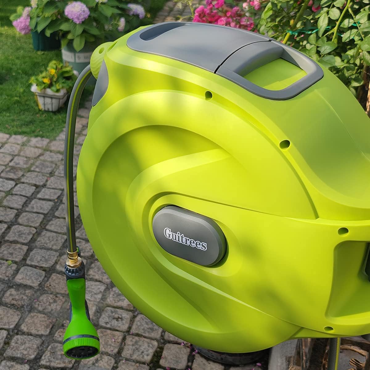 Guitrees Retractable Garden Hose Reel 1/2” 100FT+6FT, Slow Return System, Any Length Lock, Wall Mounted, 9 Function Nozzle and 180°Swivel Bracket(Green) : Patio, Lawn & Garden