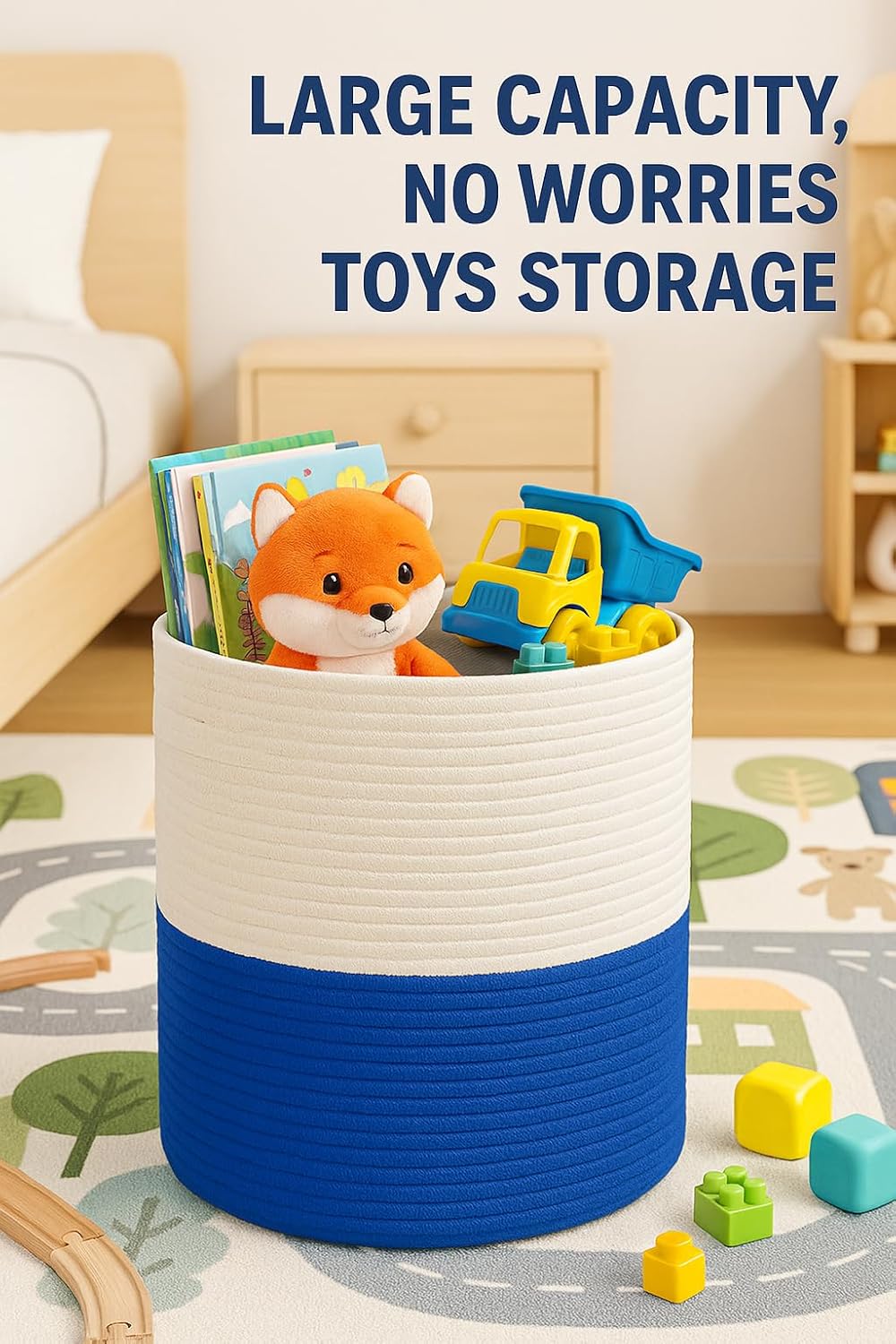 Cotton rope Storage Basket with Lid-Durable Woven Organizer with handles, Woven baskets, Multi-Purpose Storage Basket for Living Room,Closet or office(14x13 inches) (Blue+White)