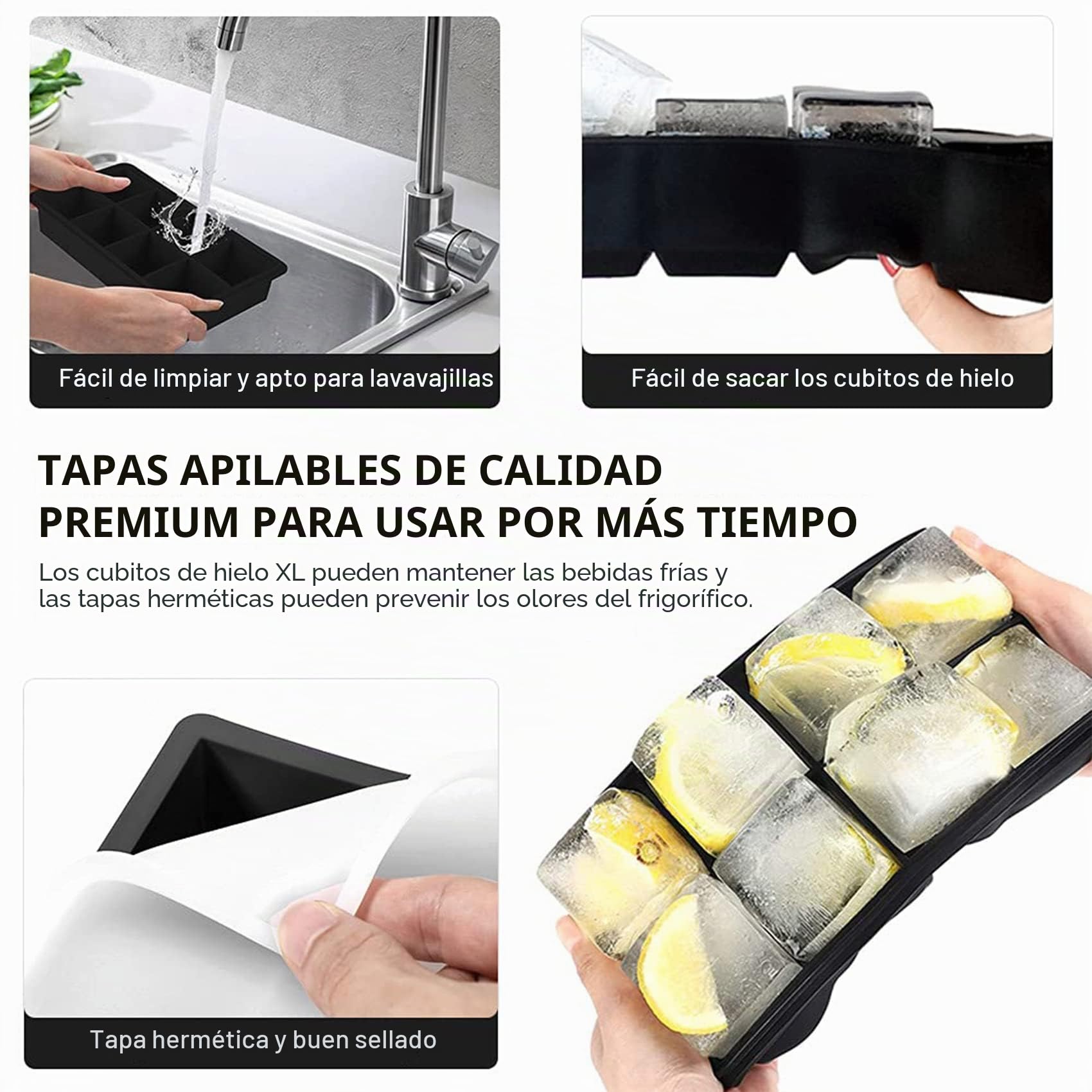 LessMo XXL Cubitera de Silicona con Tapa, Bandeja de Hielo, Paquete Doble, 5x5cm Cubos de Hielo, -40 a 260°C, BPA-Free (Negro)
