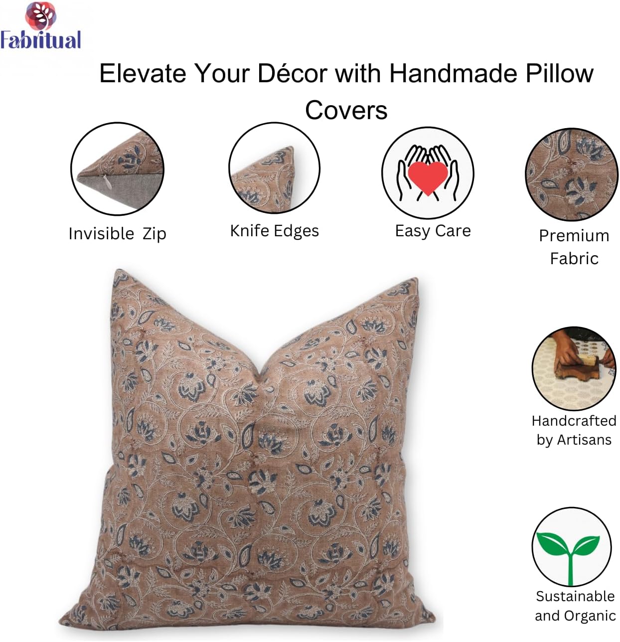 Handmade Block Print Thick Linen Throw 26X26 Pillowcase Cushion Cover for Sofa Couch, Bed, Summer Fall Decoration, Floral Printed, Home Décor, Outdoor, Farmhouse, Saraswati, Light Brown