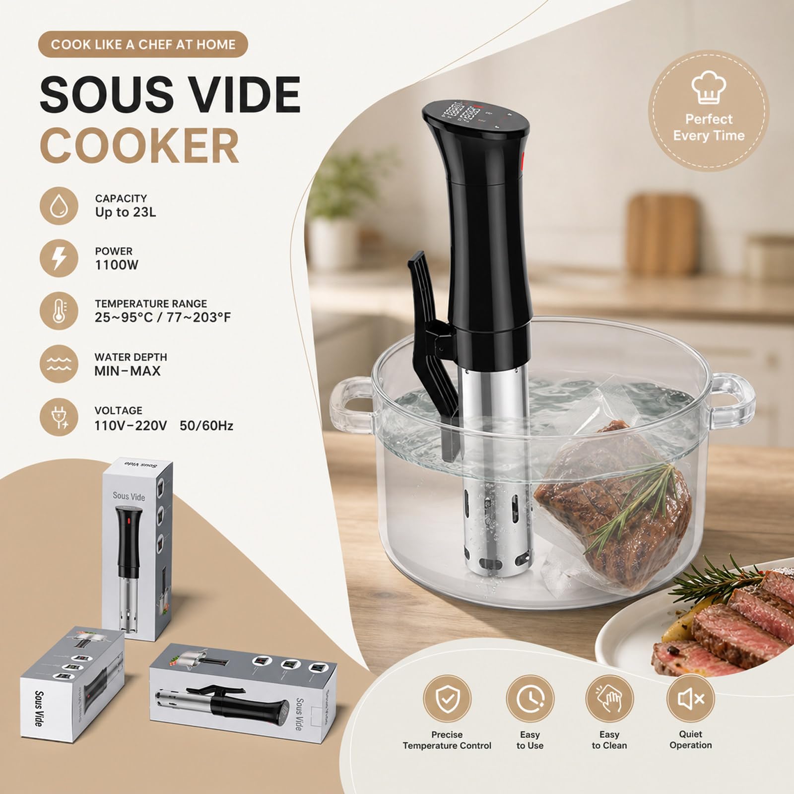 Cyrkulator sous-vide, dotykowy wyświetlacz LCD, bardzo cicha praca, stal nierdzewna, cyrkulacja wody 3D, odpowiedni do steków, łososia i warzyw