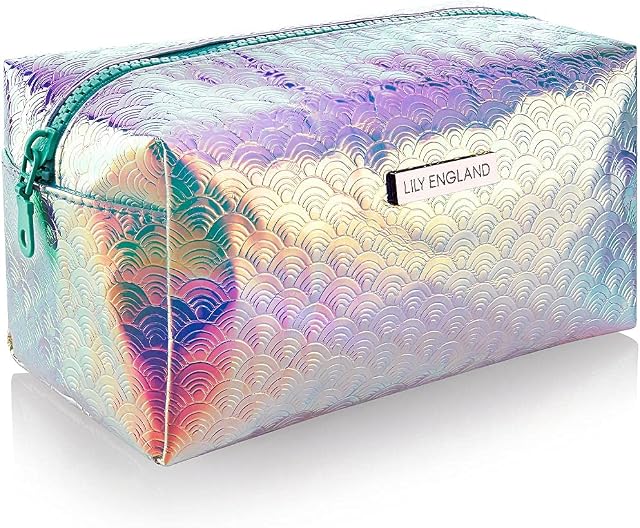 Makeup Bag - Small Cosmetic Organiser, Toiletry Bag or Pencil Case - Travel Make Up Wash Bag for Women by Lily England, Mermaid/ Holographic
