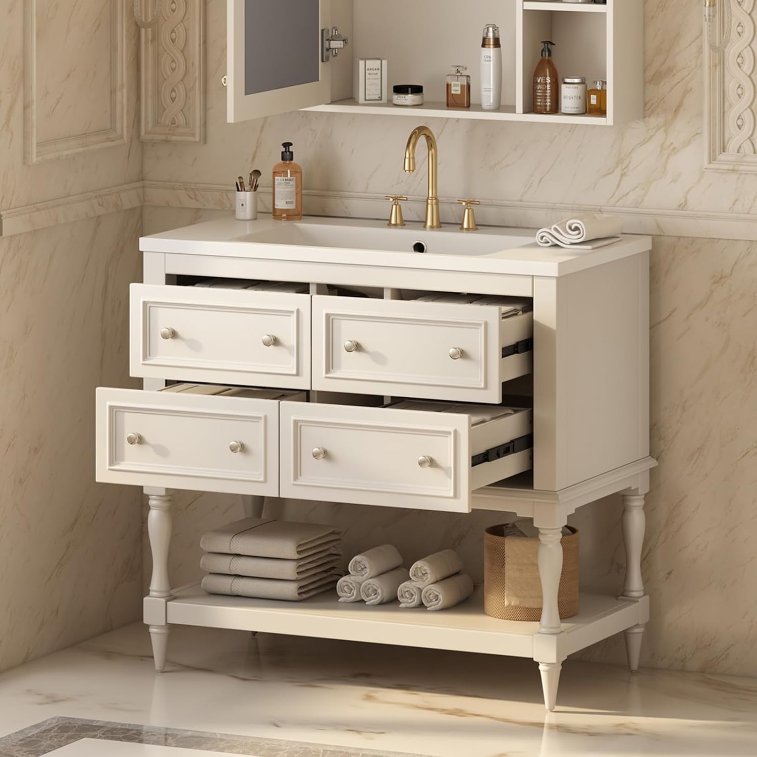 36" Bathroom Vanity with Sink Free Standing Bath Vanity with Drawers Sturdy Solid Wood Vanity Storage Cabinet White Soft Closing Doors 36" Bathroom Vanity 141