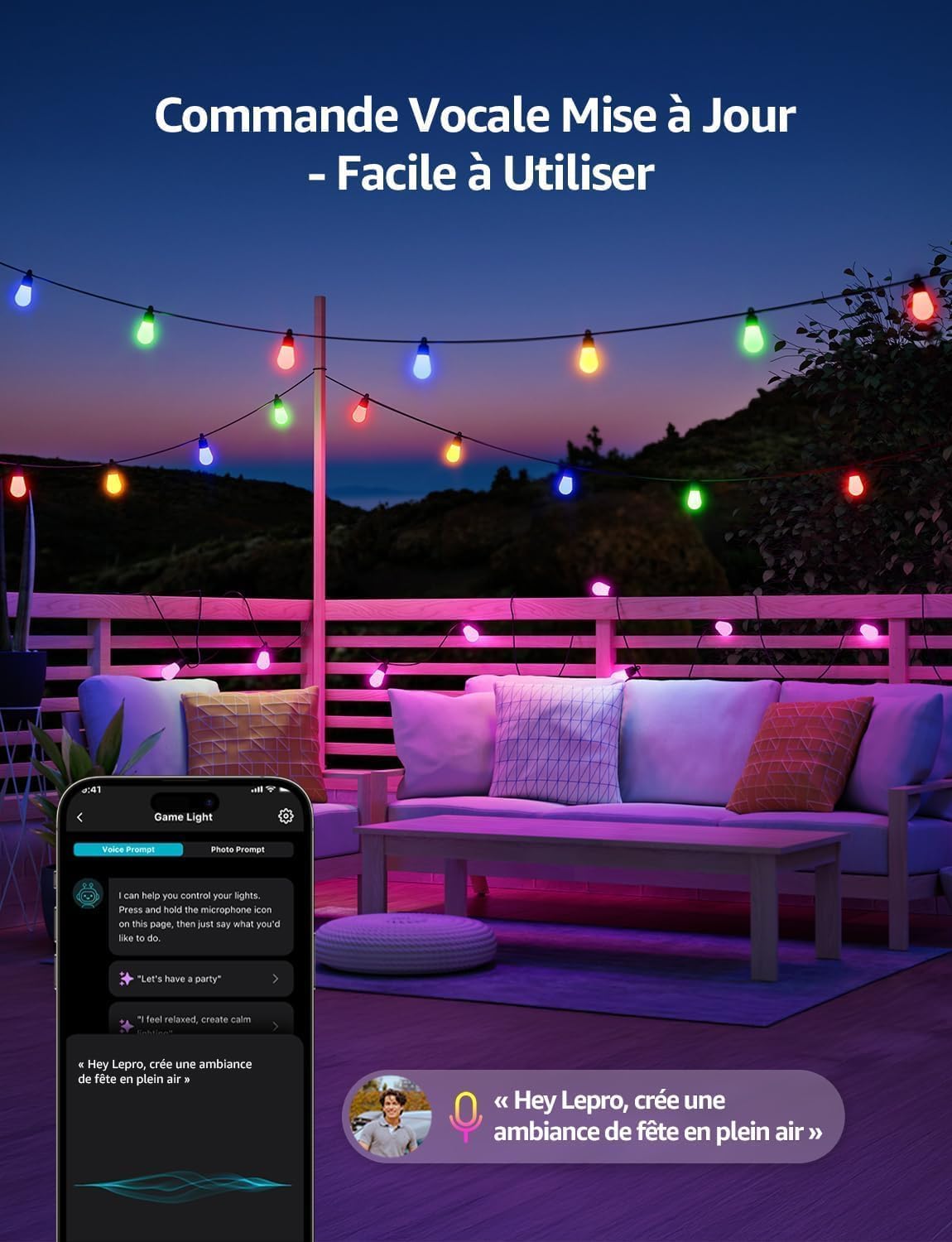 Lepro ZB1 IA Guirlande Lumineuse Extérieur Intelligente 15M Contrôle Vocal | Concepteur d'Éclairage IA Personnalisé, Music Sync, Contrôle Segmenté Intelligent Compatible avec Alexa et Google Assistant