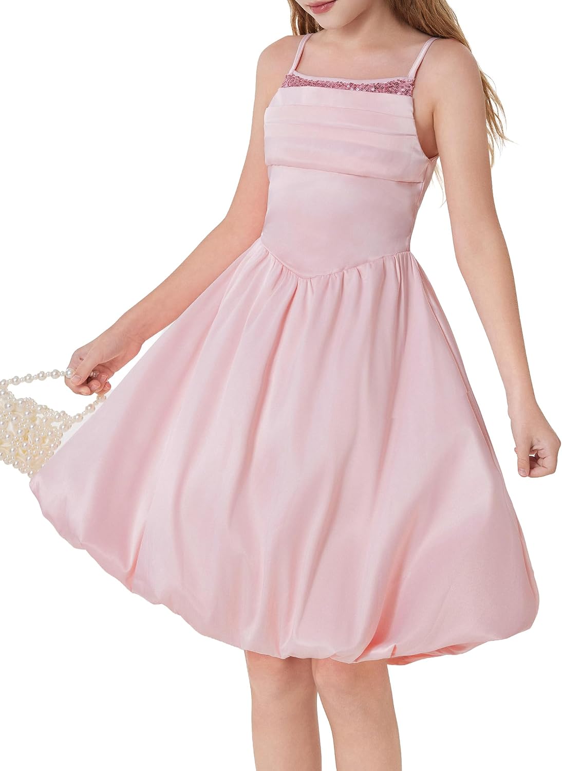HOZIY Girls Sequin Satin Bubble Party Dress Formal Elegant Birthday 8-16Y
