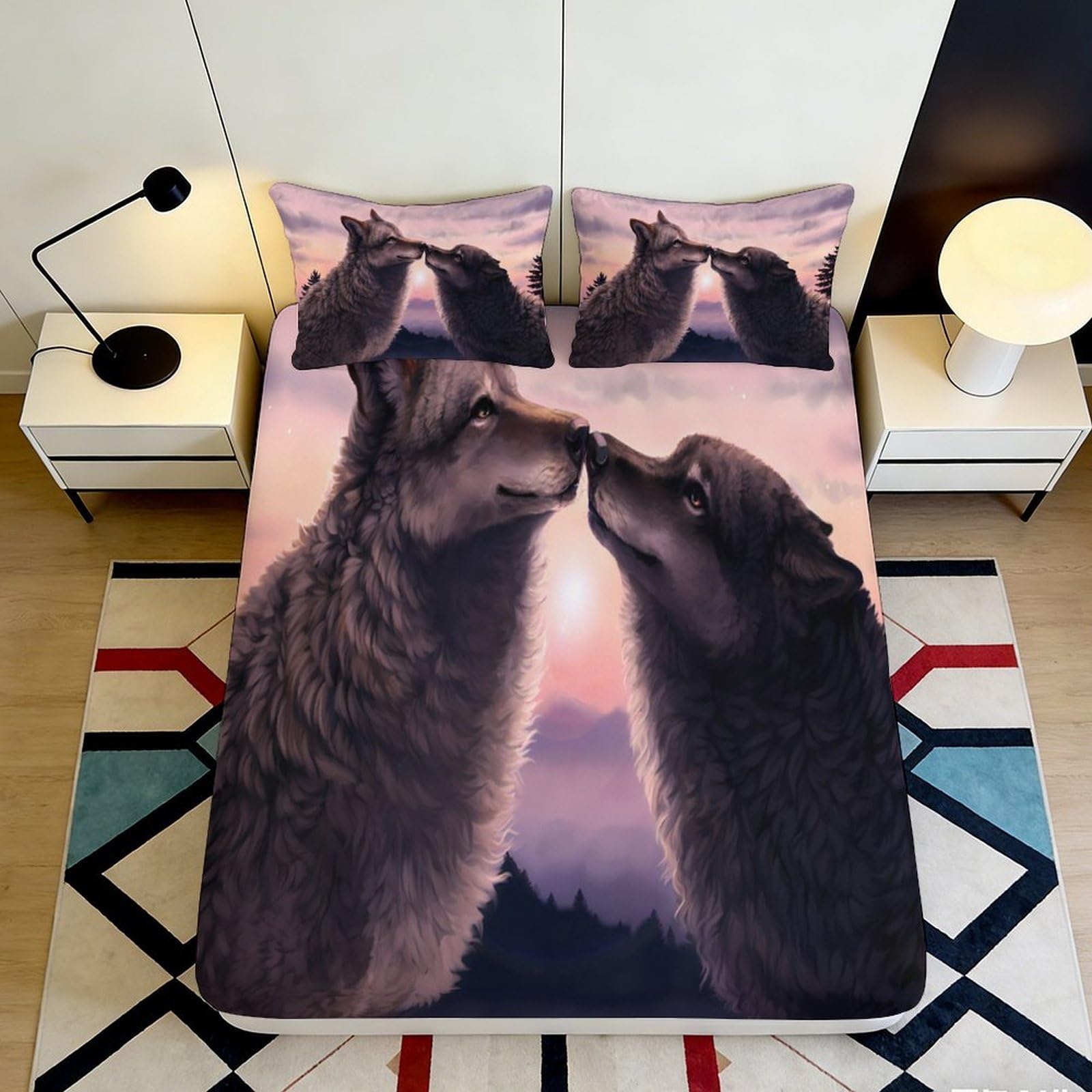 3D Printed Wolf Sunset Fitted Sheet Microfiber Soft Anti-Slip Forest Lovers Bed Cover for Bedroom Guestroom Decor 160x200x25cm