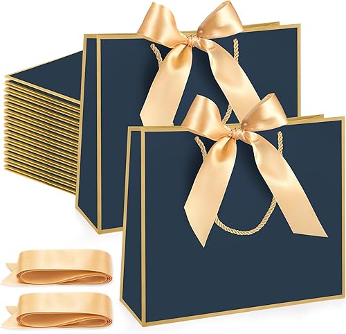 Miniatura 8 de Silkfly 24 bolsas negras de regalo de agradecimiento con asas de 11.8 x 10 x 4 pulgadas, bolsa de papel para fiesta con lazo para regalo, para boda,