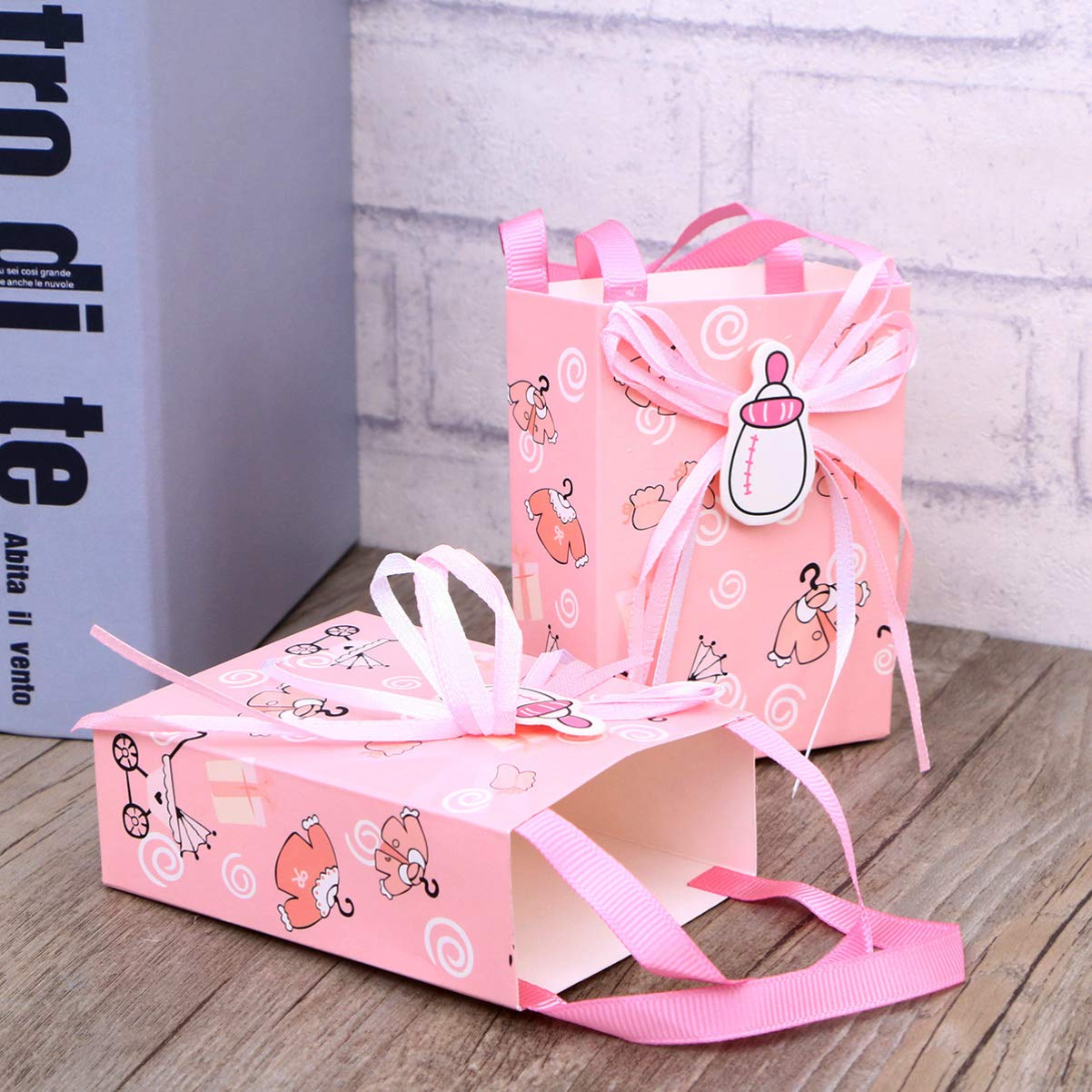 4 stuks cadeauzakjes met handvat en linten, 25 x 20 x 12,5 cm, cadeautasje, verjaardagscadeauzakje van papier voor bruiloft, feest, babyshower, verjaardagsfeest