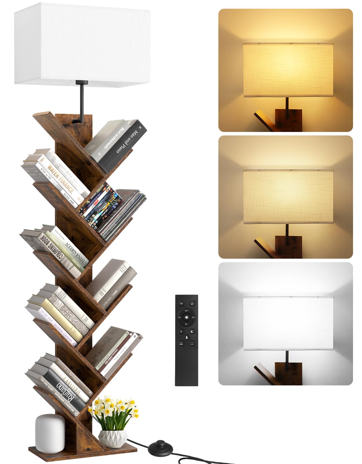 OUTONLIFE 9 Tier Tree Bookshelf with Light & Remote, Dimmable Tall Floor Standing Lamp, Narrow Wood Bookcase, Small Book Organizer Shelves for Living Room, Bedroom, Home Office（Rustic Brown）