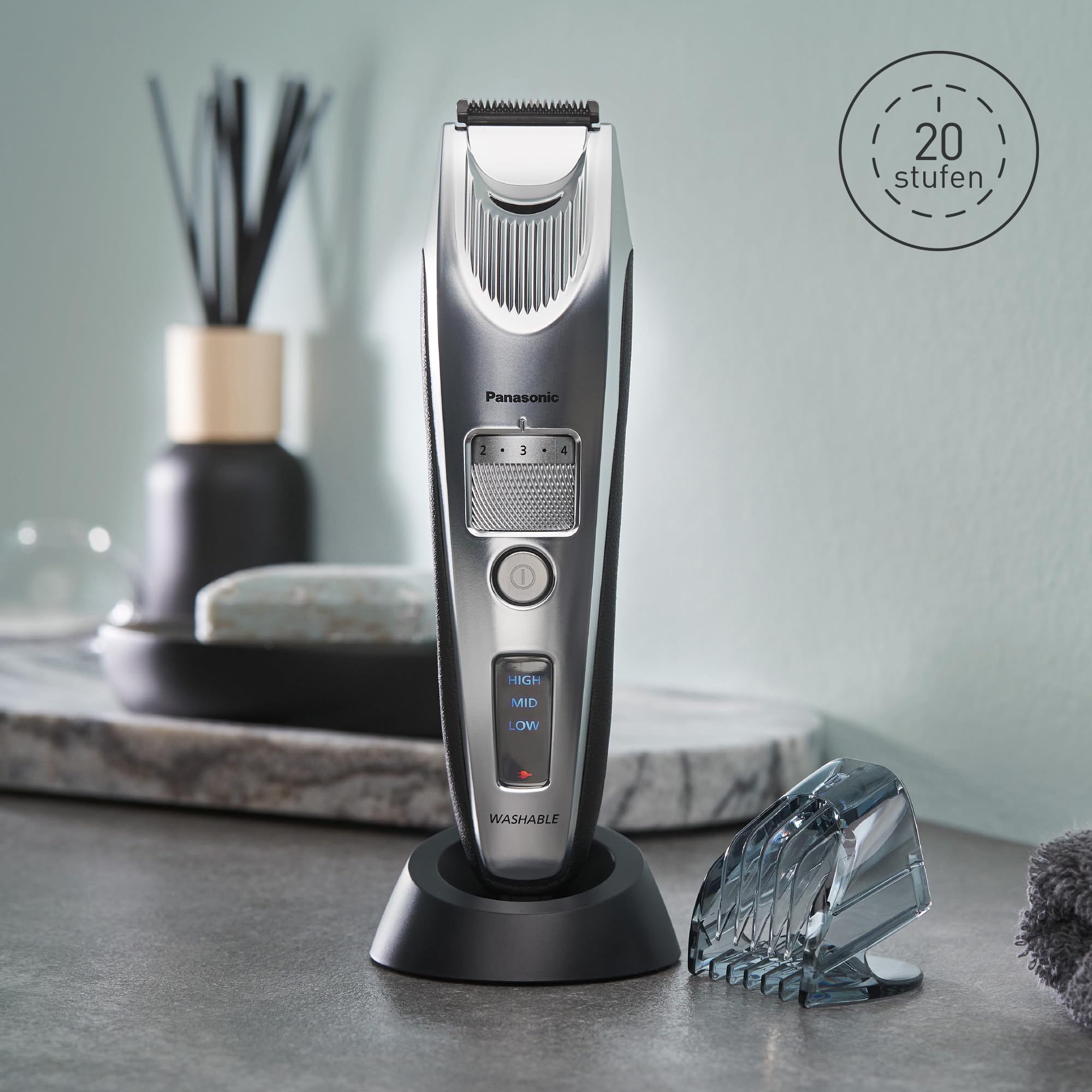 Panasonic ER-SB60-S803 Bartschneider für Männer, tragbare, wasserdichte Haarschneidemaschine, 20 Längen, 2 Aufsätze, Präzisions-Trimmer, kabelloser & kabelgebundener Betrieb, Ladestation, Silber