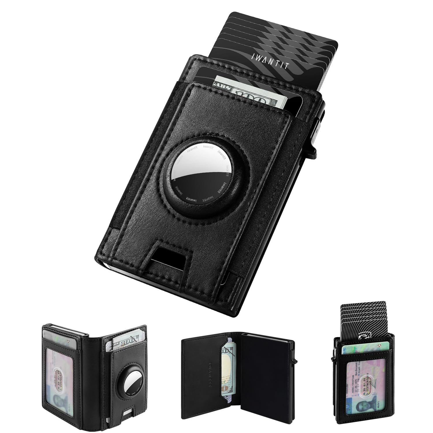 IWANIT AirTag Wallet | Minimalist AirTag Wallet with RFID Blocking | Elastic Wallet with Pop-Up Credit Card Holder for Men for Apple AirTag, Black