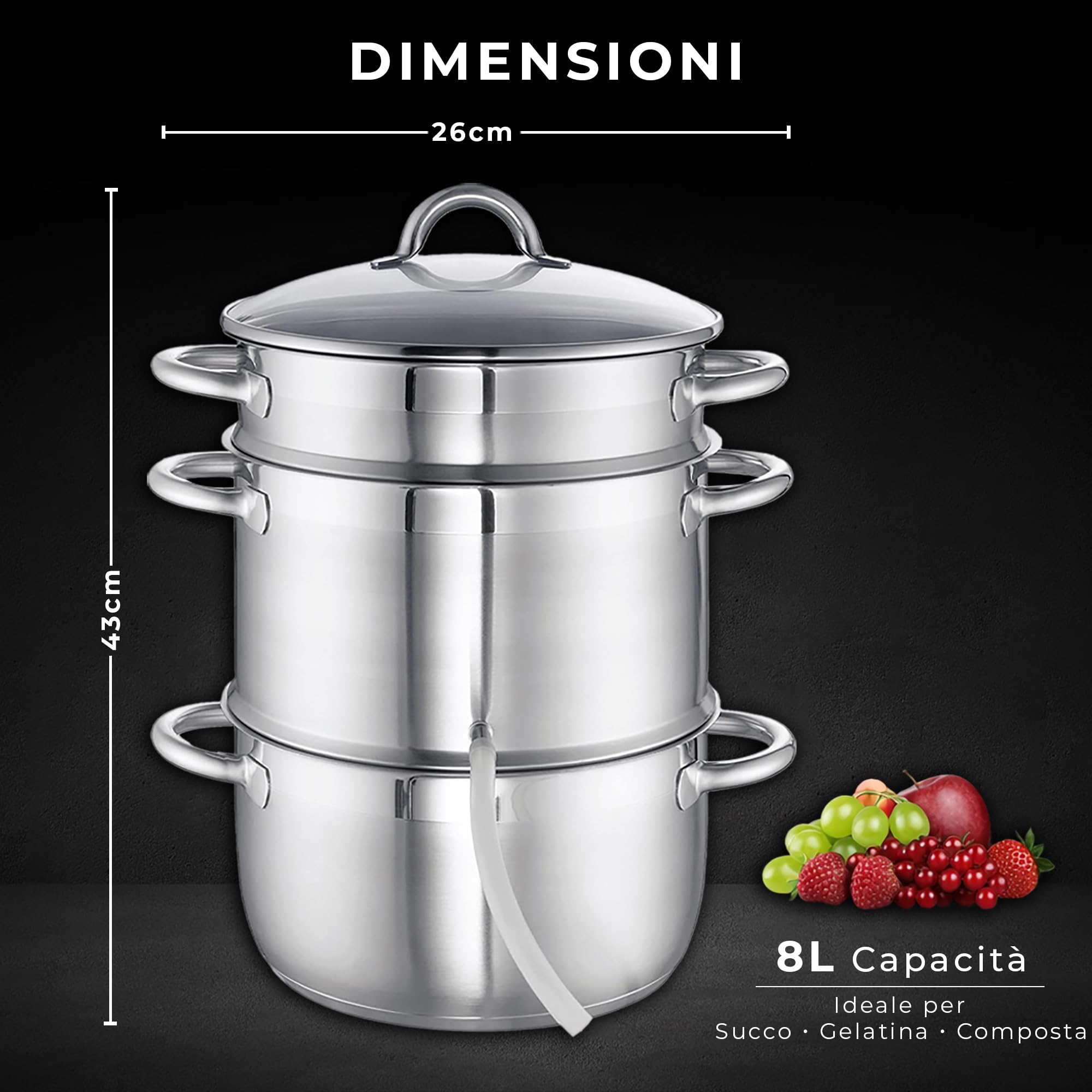 KARL HAUSMANN Pentola per Succhi a Vapore 8L Inox per Induzione, Gas, Vetroceramica ed Elettrico - Estrattore di Succo per Frutta e Verdura, con Tubo, senza BPA, Grande Capacità