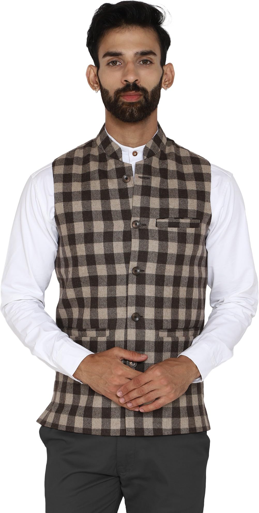 Men's Coffee Brown Gingham Check Wool Tweed Bandhgala Ethnic Nehru Jacket-image-37