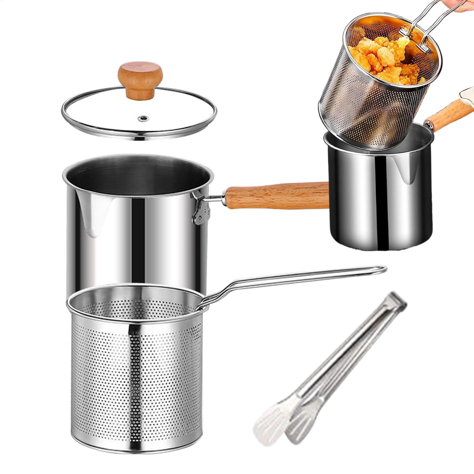 Pentola per friggitrice con cestello filtrante, in acciaio inox, friggitrice con manico in legno, padella per friggitrice ad olio profonda, friggitrice per friggitrice per friggere pesce,