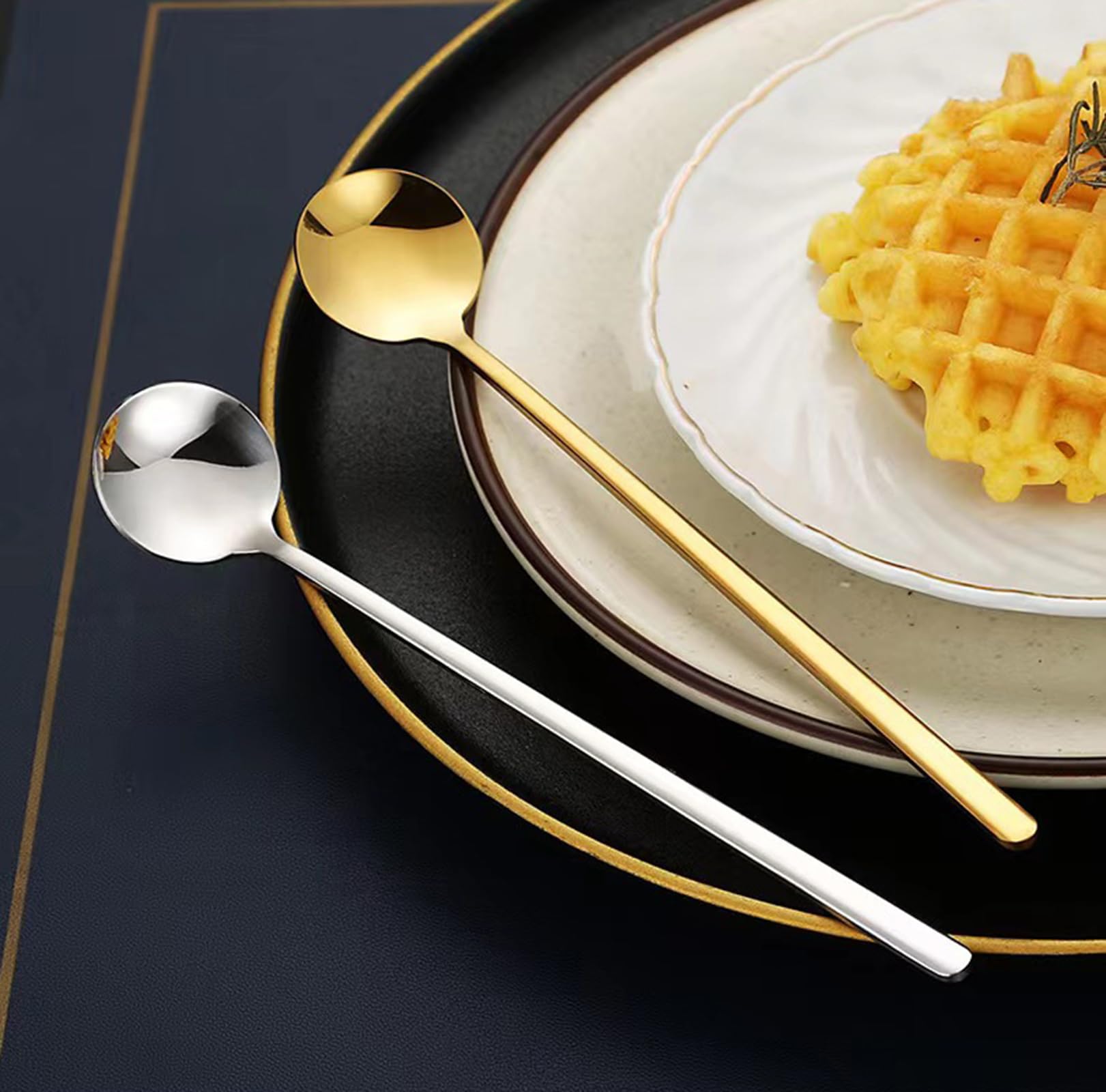 6 cucharas de café con soporte de vidrio, pequeñas cucharas de postre doradas de acero inoxidable, juego de mini cucharas de té para frutas, agitar, mezclar, azúcar, helado, pastel