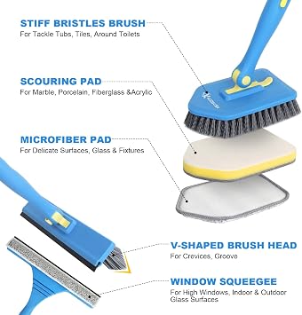 KOKSI 9-Piece Long Handle Cleaning Brush for Bathroom, Tiles, Bathtub, Toilet, Shower Extendable Scrubber with Bristles Microfiber and Sponge Heads | Deep Clean Household Cleaning Product