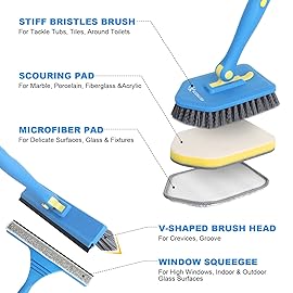 Extendable Cleaning Brush 51 with Stiff Bristles, Scouring Pad, Microfiber Pad, V-Shape Scrub Brush & Squeegee for Bathroom, Shower & Tile Cleaning
