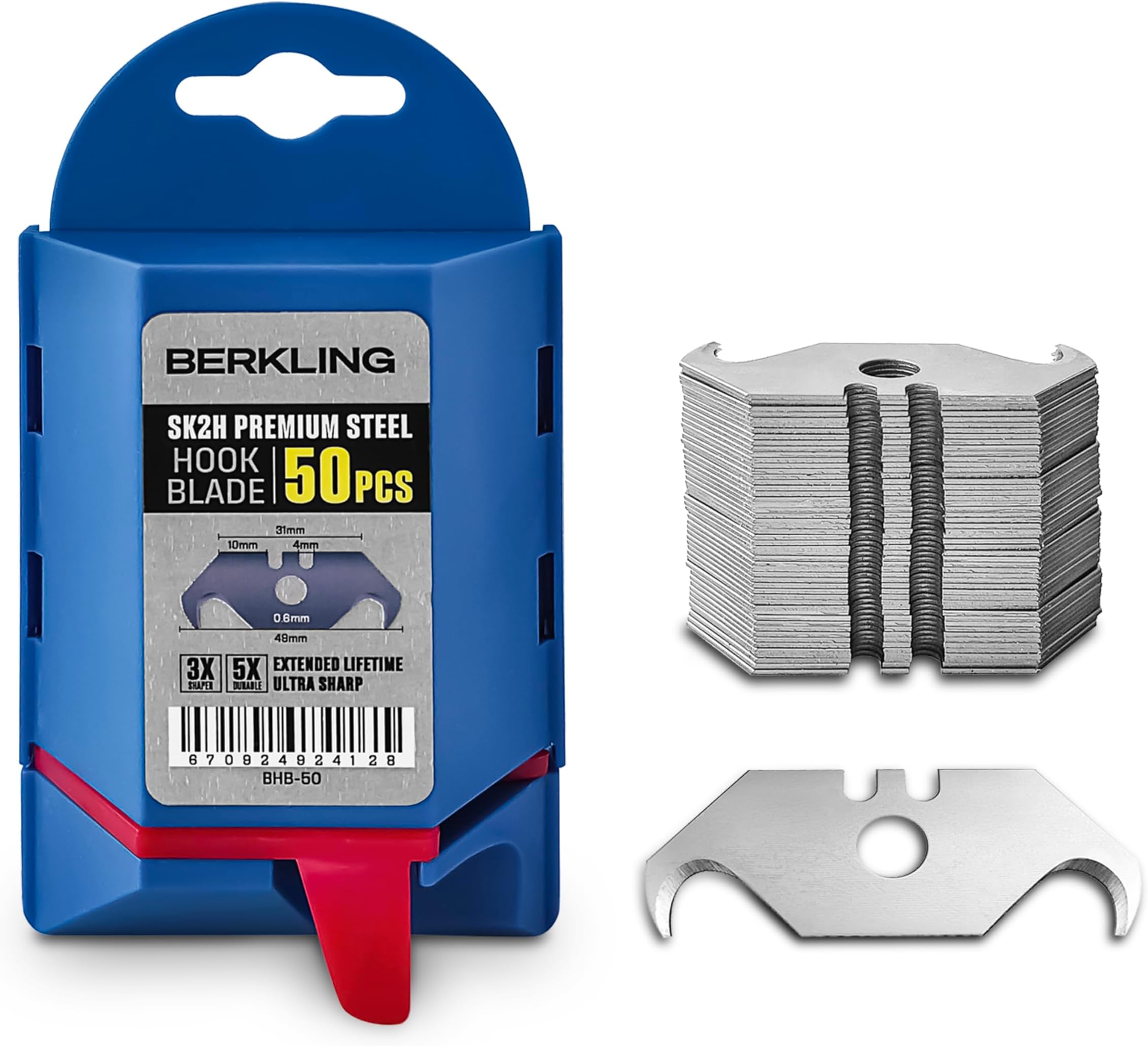 Berkling Utility Hook Razor Blades 50 PCS With Dispenser, SK2H Laser Sharpened Hardened, Ultra 3X Sharper and 5X Durable, Heavy Duty Replacement Blades for Carpet, Roofing Blade Knife, Box Cutter
