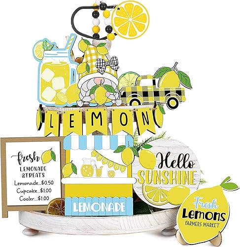 Juego de 14 piezas de decoración de bandejas escalonadas de limón, decoración de cocina de verano, letrero de madera de granja, bandeja de niveles,