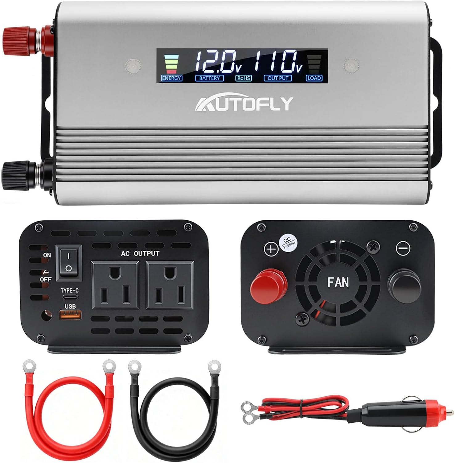 700W Pure Sine Wave Power Inverter DC 12V / 24V to AC 110V(2 Outlets), 1200 Watt Peak Power, Car Charger Plug Inverter Adapter Converter with Type-C & USB Charging Ports LCD Smart Screen
