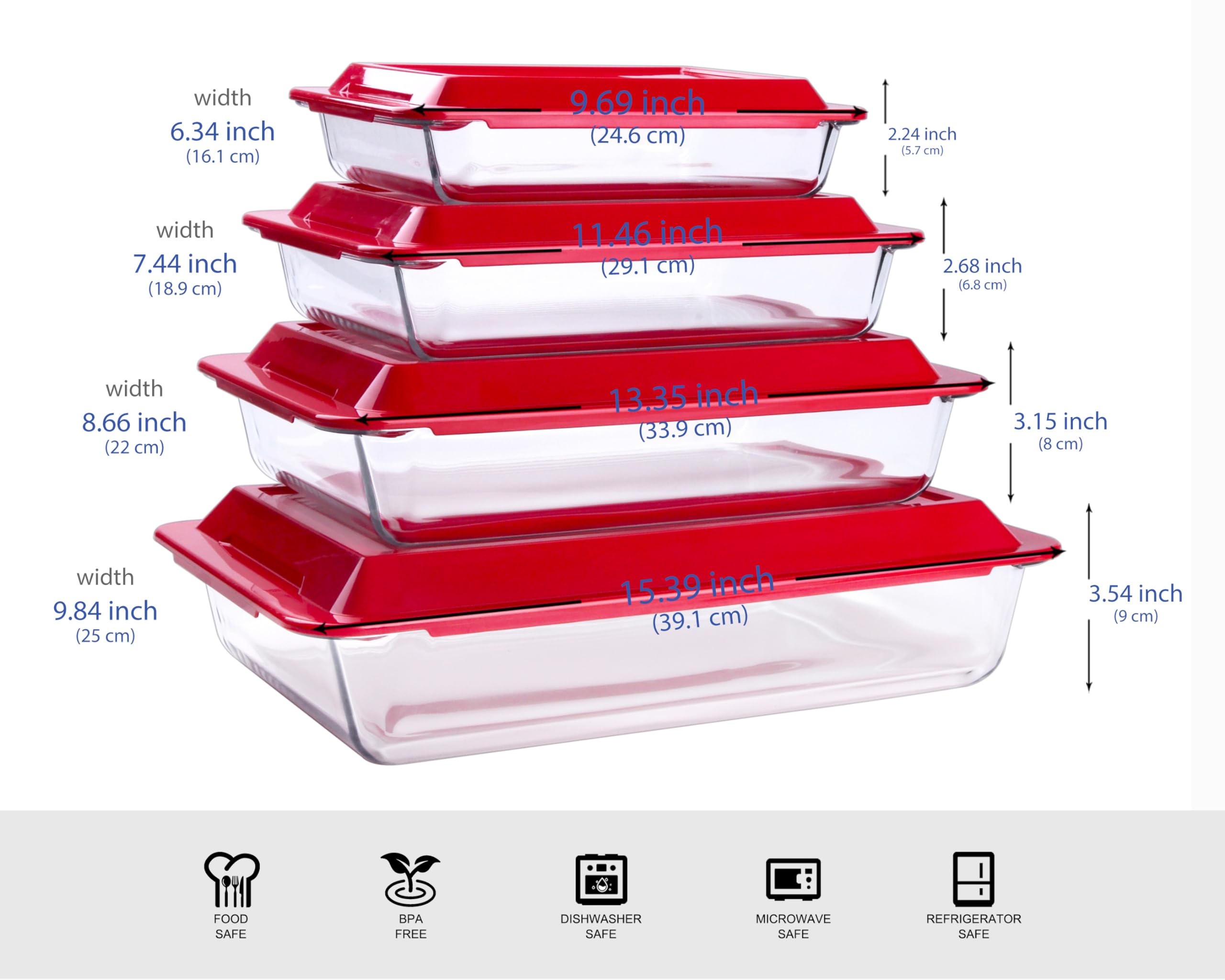 Set mit 8 rechteckigen Backformen aus gehärtetem Glas mit Deckel, Glas-Backformen, Auflaufform, Set mit Deckel, 1 l, 1,7 l, 2,8 l, 4,2 l