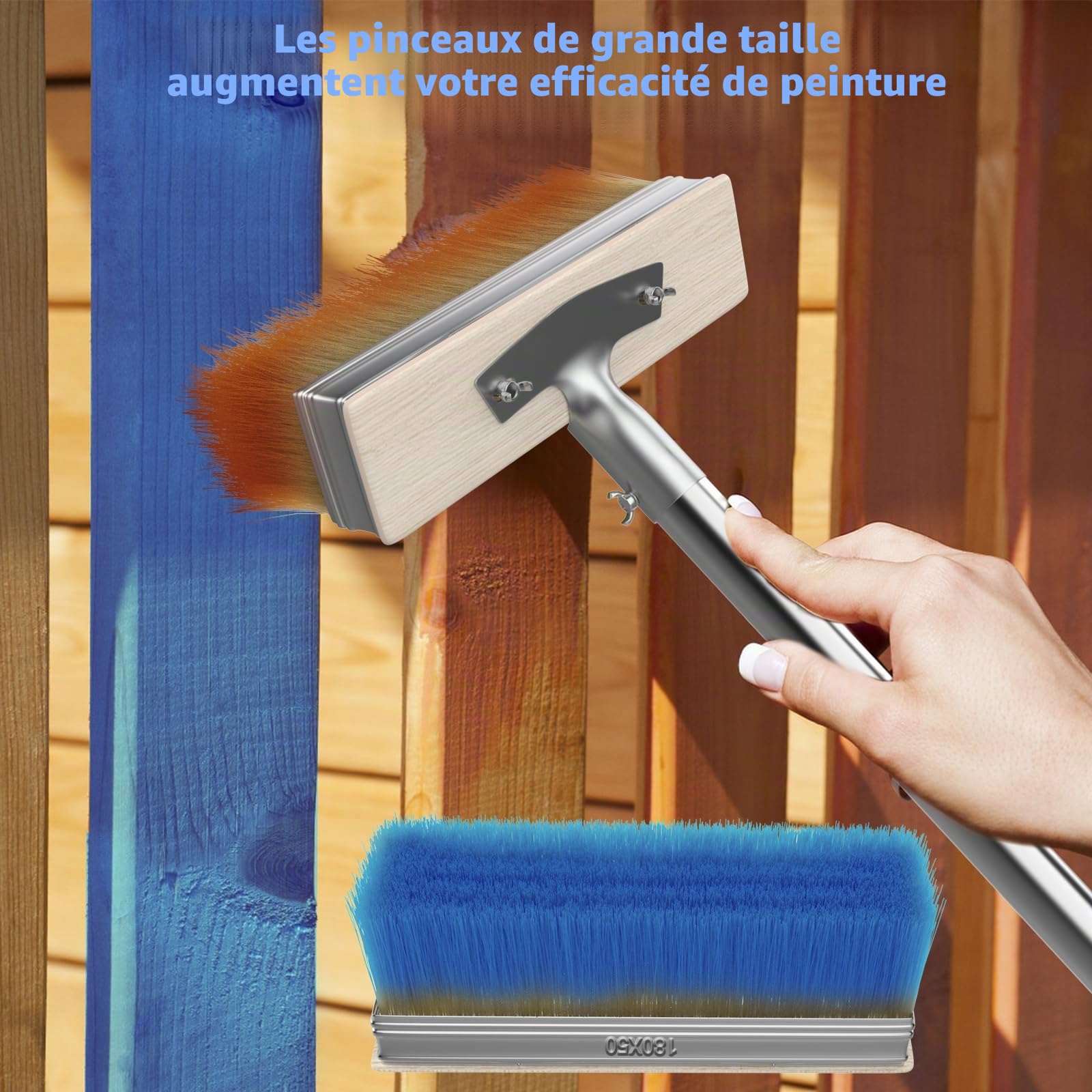 Pinceau de peinture pour terrasse avec manche long de 139,7 cm et 2 têtes de pinceau de 18,1 cm, grand applicateur de teinture pour terrasse pour murs, planchers en bois, teintures pour bois