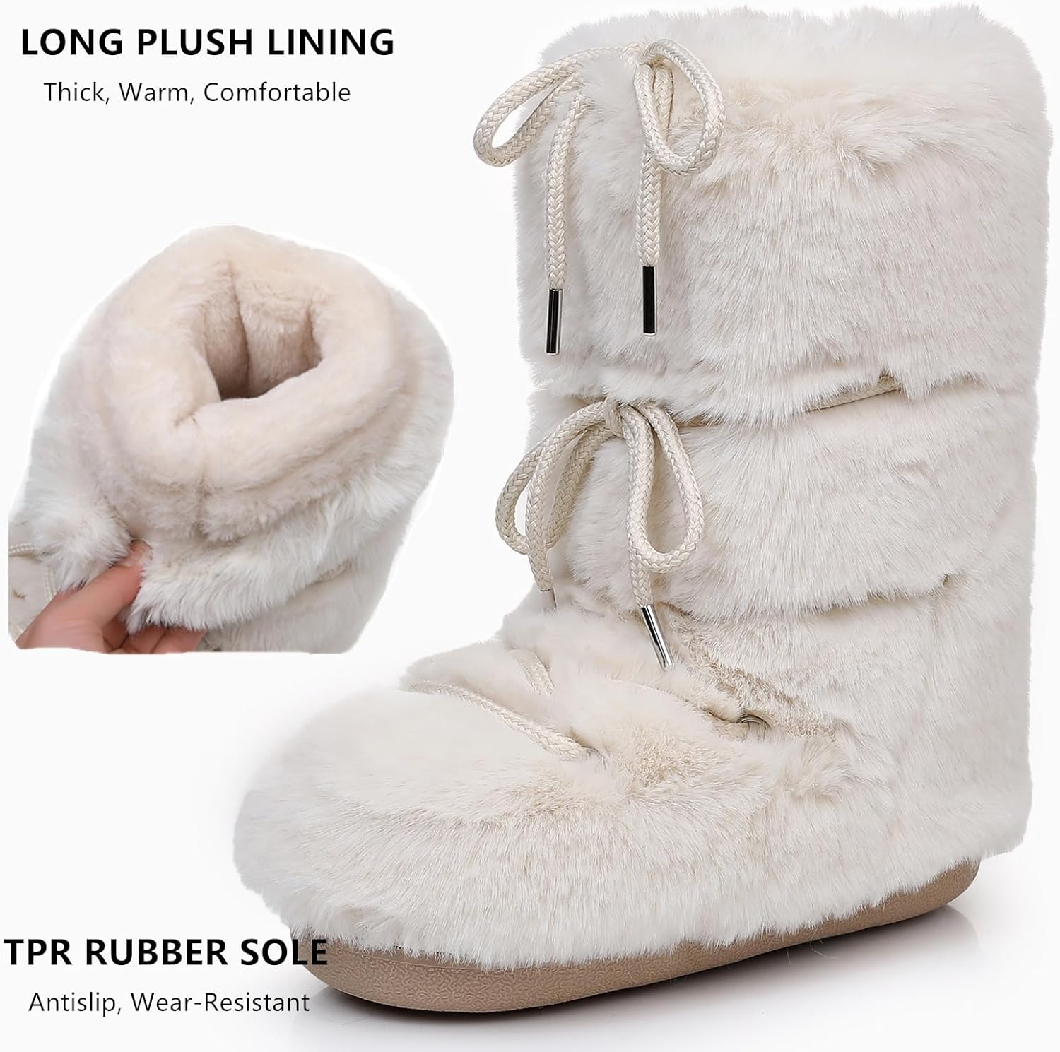 Black White Fur Boots, Furry Fuzzy Snow Boots for Women with Faux Fur Lined Non-Slip Lace-up Mid-Calf Ski Boots 2025 - Image 5