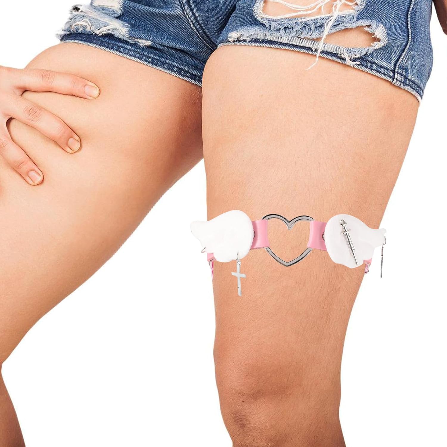 SHOWERORO Adjustable Angel Wing Leg Garter Punk Metal Pendant Stretchy Pink Thigh Ring Accessory for Wedding and Retro Style