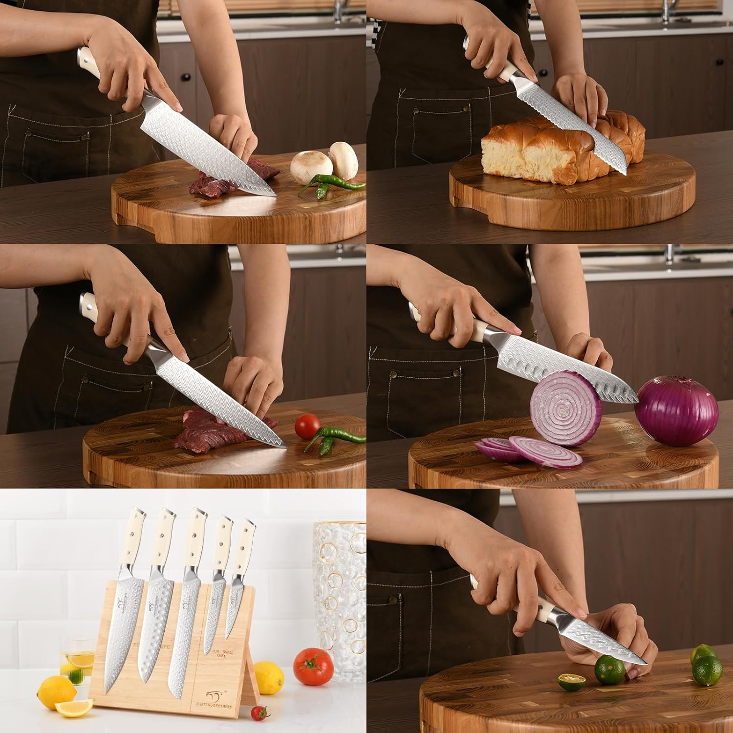 NF Damascus Kitchen Knife Set, NANFANG BROTHERS 6-Piece Damascus Steel VG10 Kitchen Knife Set with Wood Magnetic Knife Holder Block Professional Chef's Knife with Sharp Blades and ABS Ergonomic Handle