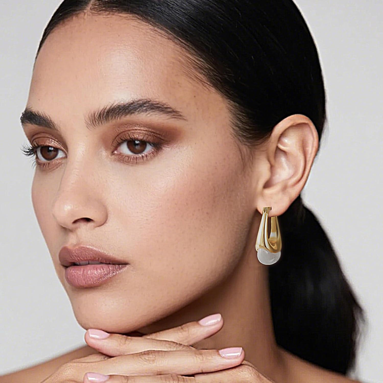 LAXPICOL Gold Chunky Dangle Earrings For Women Resin Stone Earrings Hoop Earrings, 18k Plated Oval Resin Stone Statement Earrings for Women Unique Dangling Teardrop Baroque Huggies Hoop Earrings - Image 2