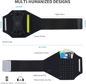 Detachable & 360 Rotatable Running Armband -with Reflective Strap Zipper Pocket & Earphone Bag for iPhone 16 15 14 Pro Max Plus Samsung Galaxy Workout Exercise Phone Holder with Card Key Slot