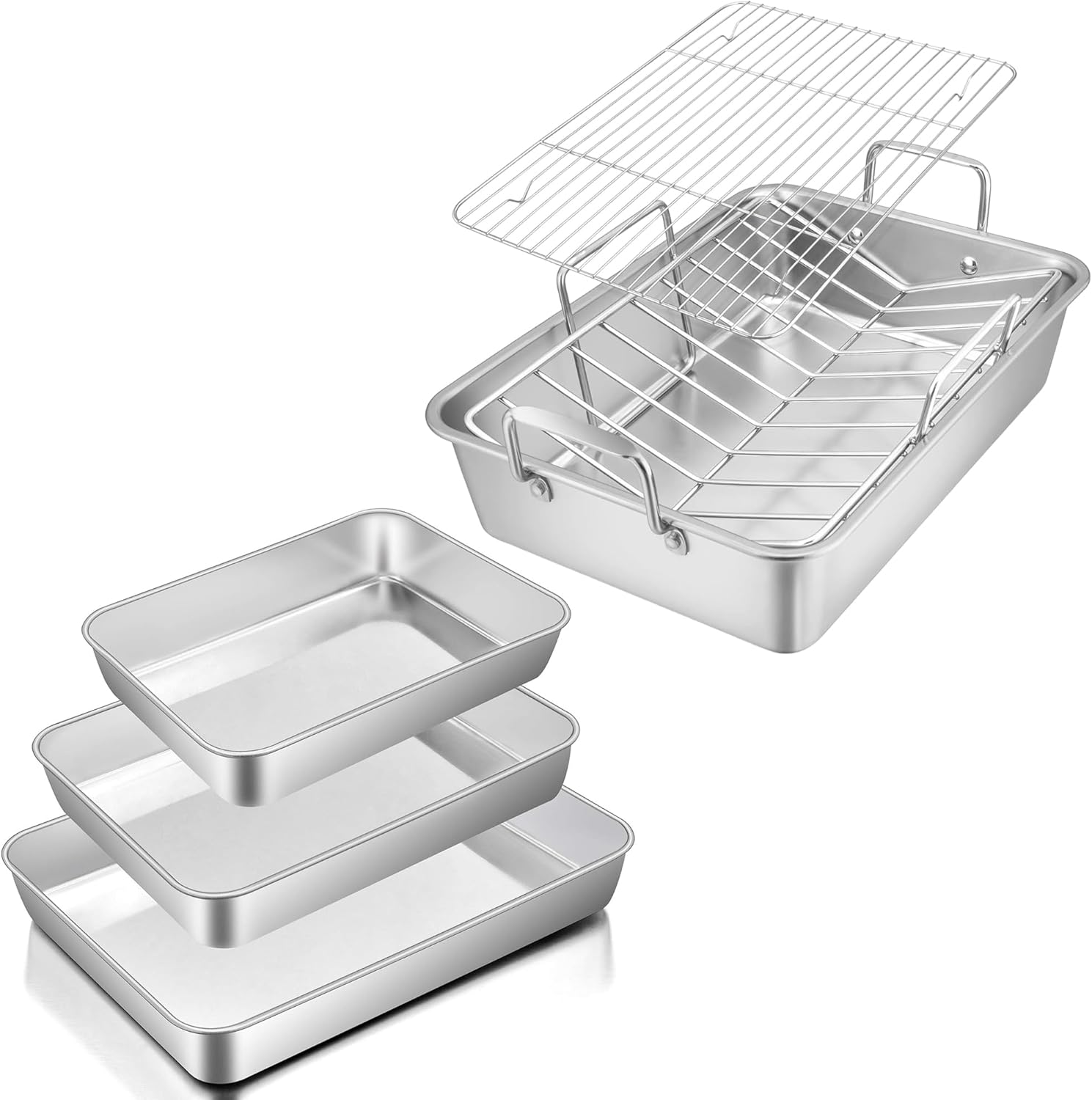 E-far Roasting Pan and Baking Pans Set of 3, Stainless steel Turkey Roaster with Rack and Cake Pan, Deep Broiling Pan & V-shaped Rack, Rectangle Bakeware for Cake, Non-toxic & Healthy, Dishwasher Safe