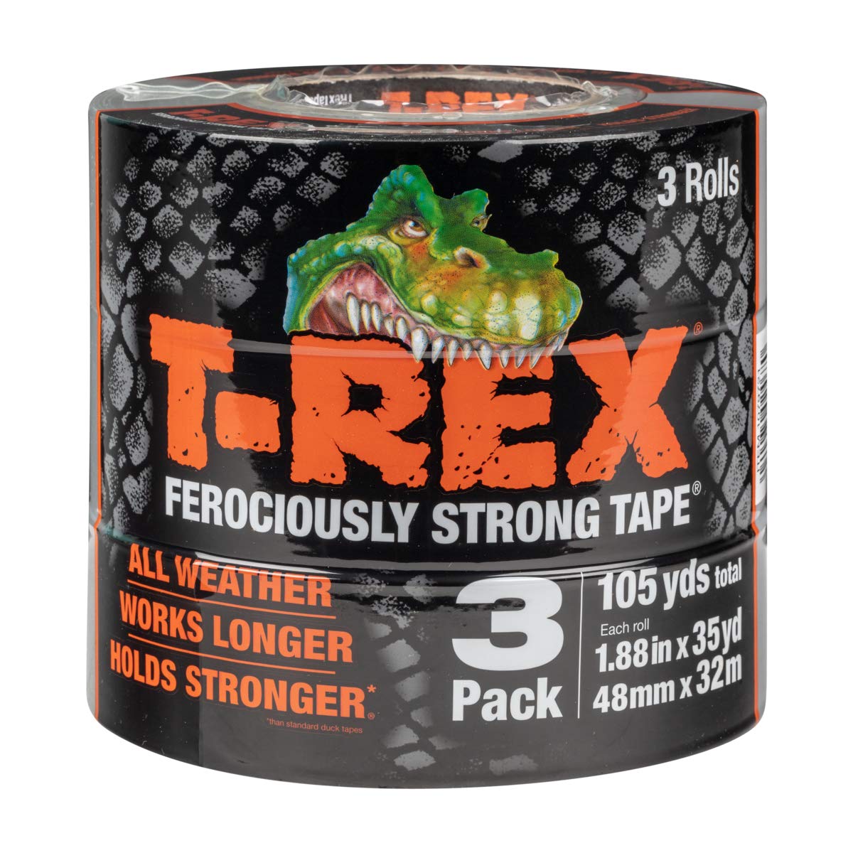 T-Rex Ferociously Strong Duct Tape, 35 Yards, 3-Roll Pack (105 Yards Total), Gunmetal Grey