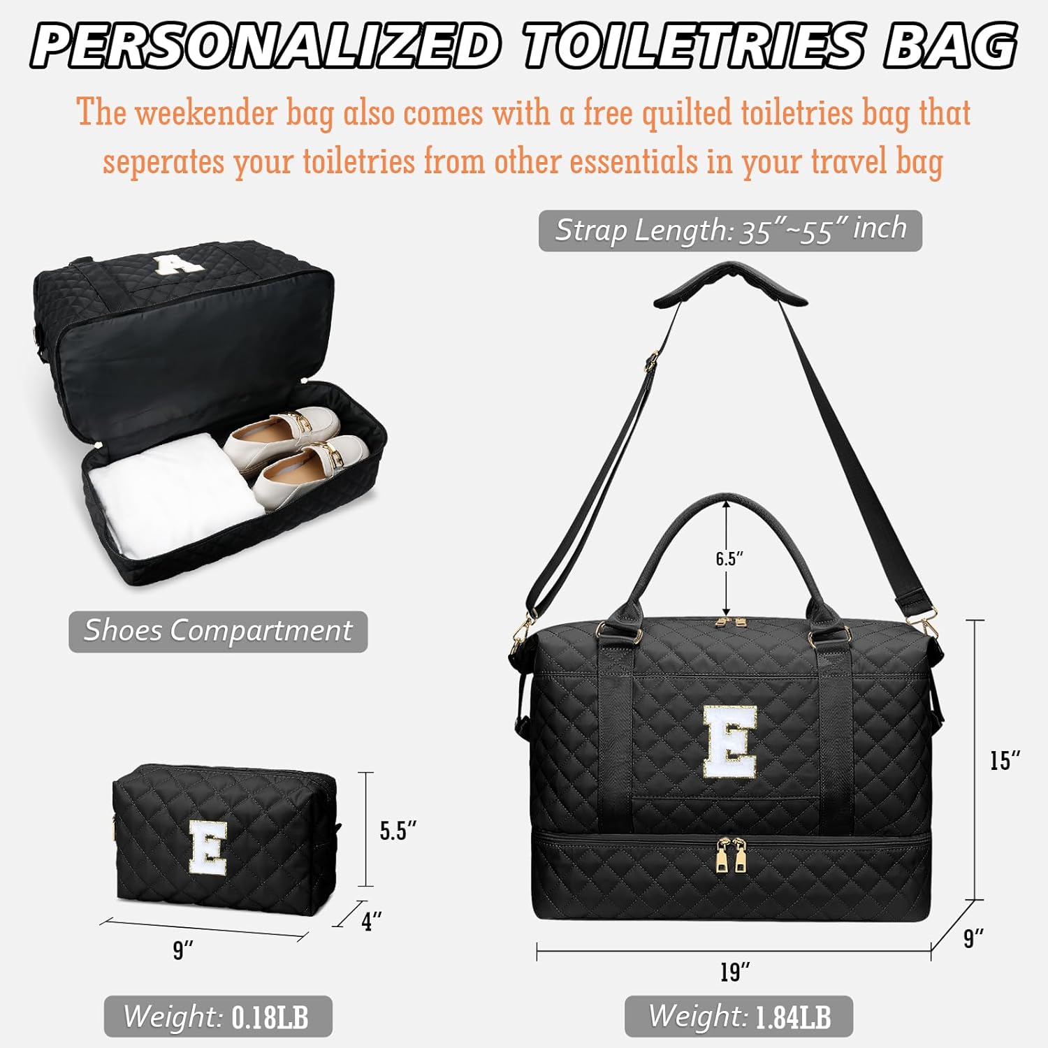 Gifts for Women Girls Initial Travel Duffle Bag Quilted Weekender Carry-On Overnight with Cosmetic Bag, Gym Bag with Shoe Compartment, Black E - Image 8