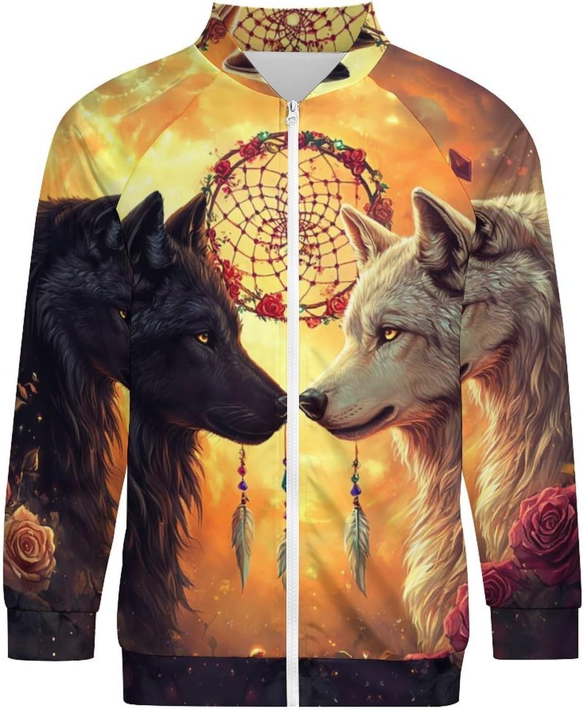 Black And Wolf Dream Catcher Men's Zip Up Sweatshirt Casual Sweater Jackets Long Sleeve Tops Lightweight Coat