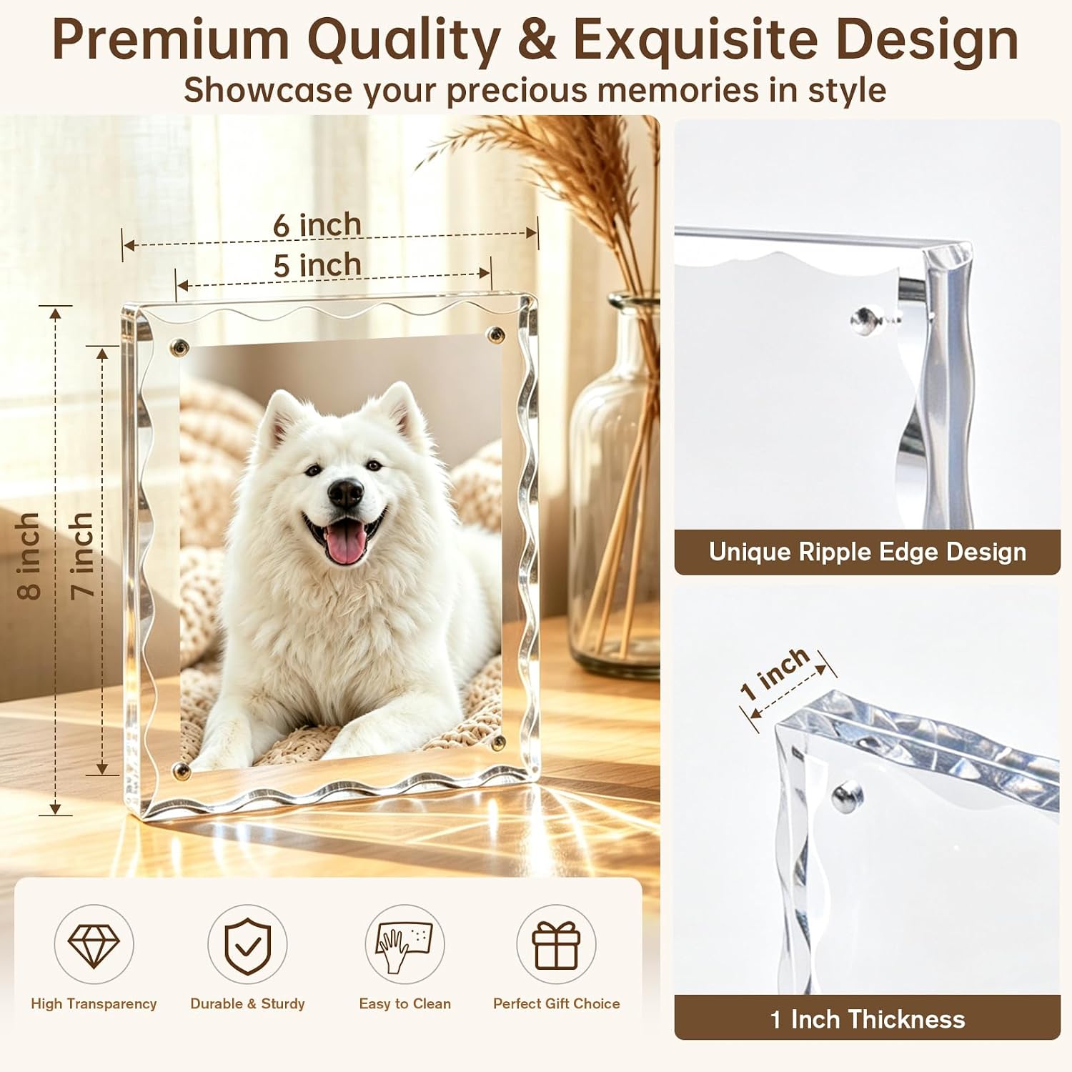 5x7 Inner Size Water Ripple Edge Acrylic Picture Frame, 3 Pack Magnetic Double-Sided Photo Frame, Overall Outer Size 6x8 Inches, 24mm Thick Crystal Clear Freestanding Tabletop Display Block