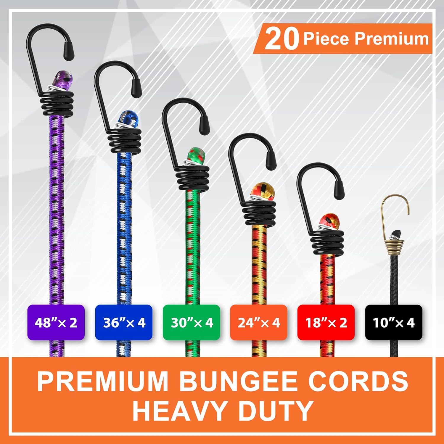 Premium Bungee Cords Heavy Duty - 20 Piece in Storage Jar Includes 10", 18", 24", 30", 36", 48" Bungie Cord Bundle - - 