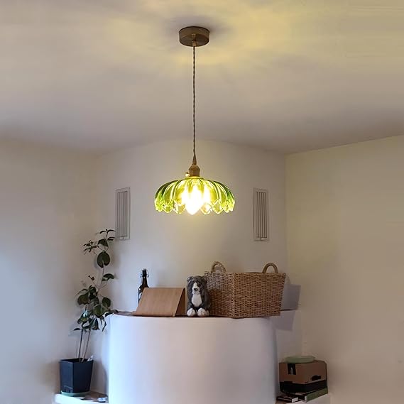 OURLOVEII Vintage Glas Hanglamp 1 Lamp Eettafellamp Hangend Groen Glas, Keuken Hanglight E27 met Messing Schakelaar, Hoogte Verstelbaar, voor Kookeiland Slaapkamer Keuken, Ø25cm photo 3