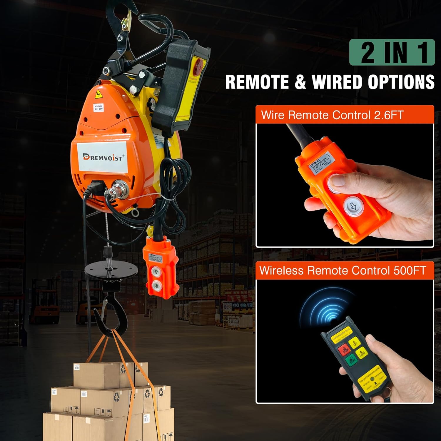1100lbs Electric Hoist Winch,1500W Portable Power Winch CraneHoist Lift,98ft Lifting Height,2-in-1 Wire Remote Control/Wireless Remote Control, 36ft/min,for Warehouss, Garage, Factory