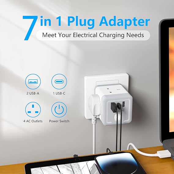 AICODE Plug Extension Socket with 3 USB,4 Way Multi Plug Adapter UK Charger
