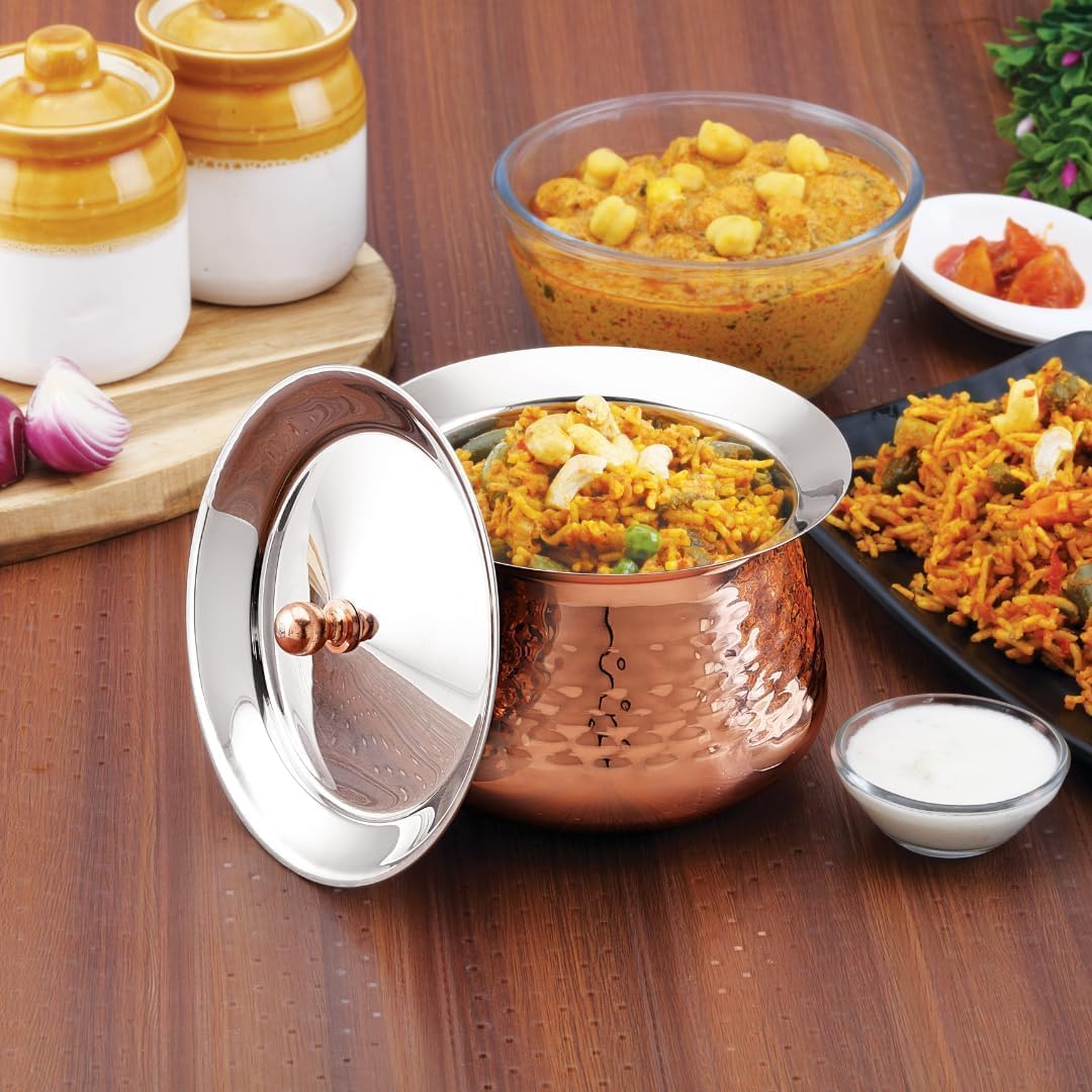 Estoile Top Cook Steel Copper Handi with Lid – Dum Handi Serving Bowl – Traditional Indian Copper-Plated Handi for Dal, Biryani, Rice & Curries – Stainless Steel Inner Cookware (Dum Handi, 1400ML)