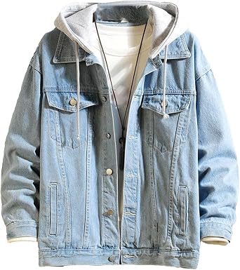 Hoodie Jean Jacket for Men Long Sleeve Slim Fit Casual Denim Jacket Distressed Trucker Outwear with Hood