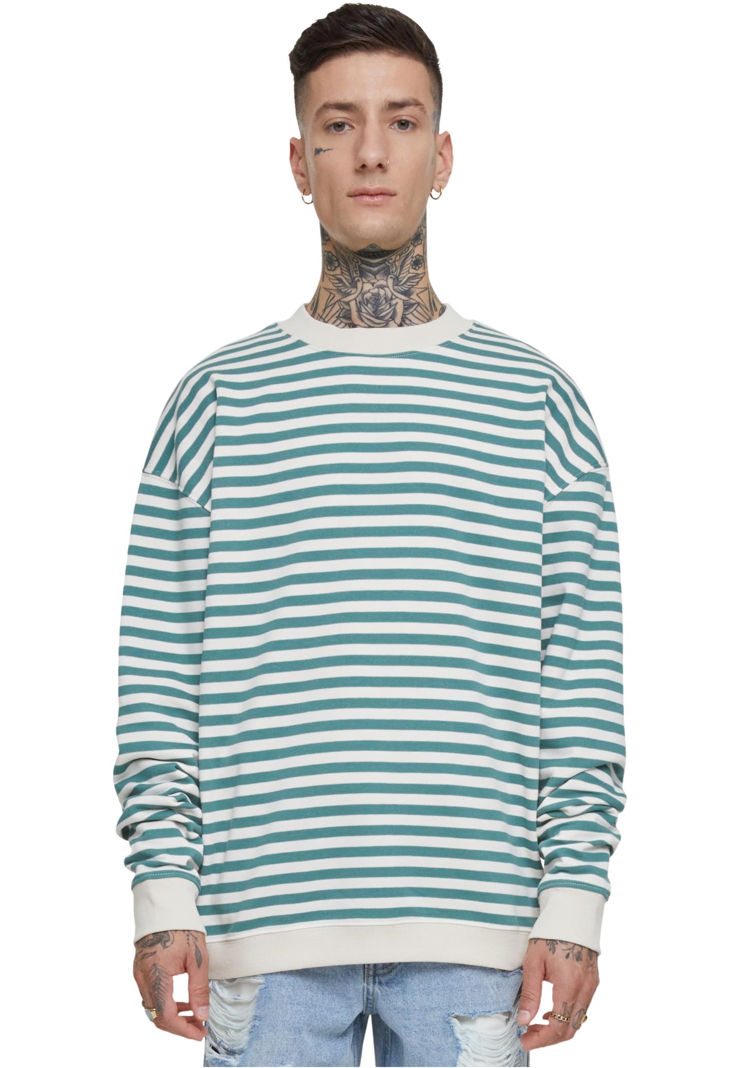 Urban Classics Men's Striped Crew Neck Sweatshirt, Whitesand/Paleleaf, M
