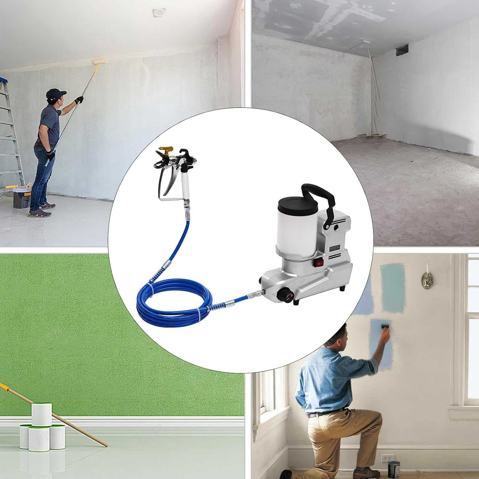Pulverizador de pintura sin aire de alta presión de 1600 W, presión ajustable, manguera de 5 m, flujo de 2,5 l/min, ideal para pulverización en interiores y exteriores, equipos de prevención de